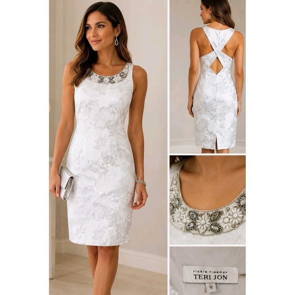 Teri Jon Rickie Freeman White Silver Floral Jacquard Beaded Sheath Dress 12 NEW